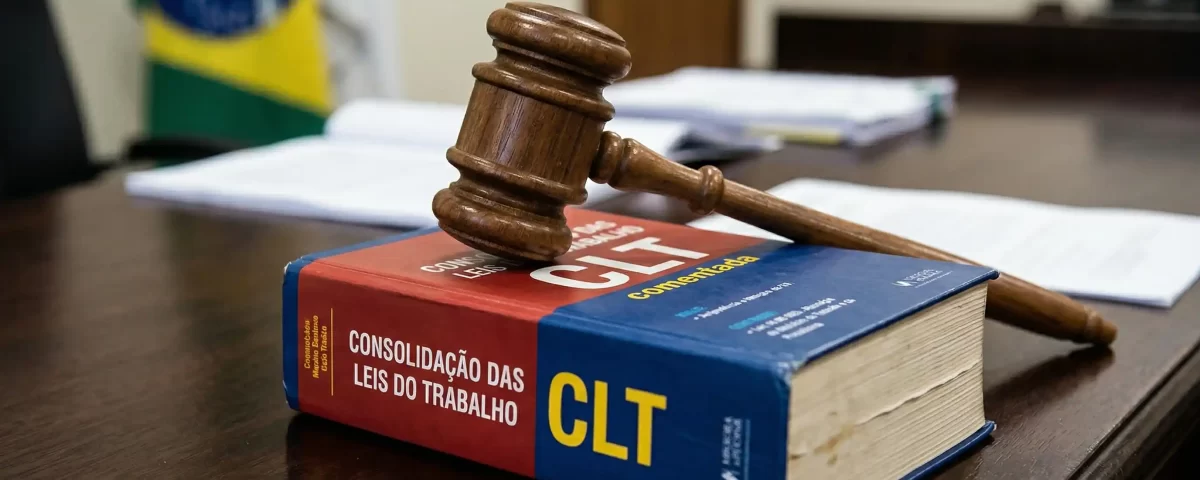 Foto representativa de um processo trabalhista com martelo de madeira sobre o livro da CLT, simbolizando os direitos do trabalhador em 2026.