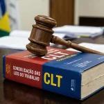 Foto representativa de um processo trabalhista com martelo de madeira sobre o livro da CLT, simbolizando os direitos do trabalhador em 2026.