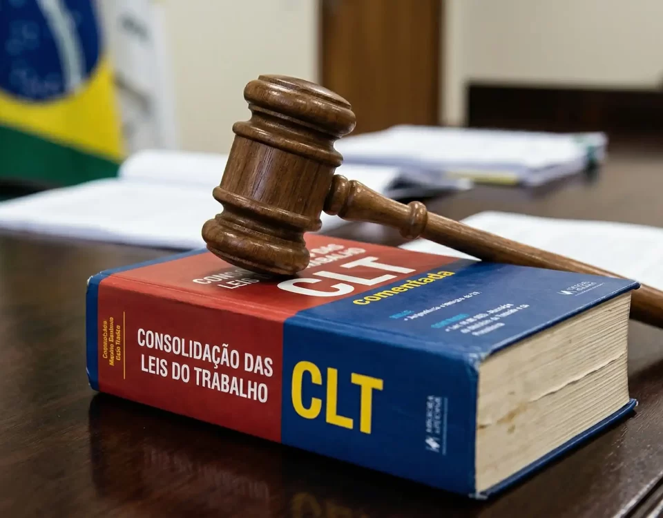 Foto representativa de um processo trabalhista com martelo de madeira sobre o livro da CLT, simbolizando os direitos do trabalhador em 2026.